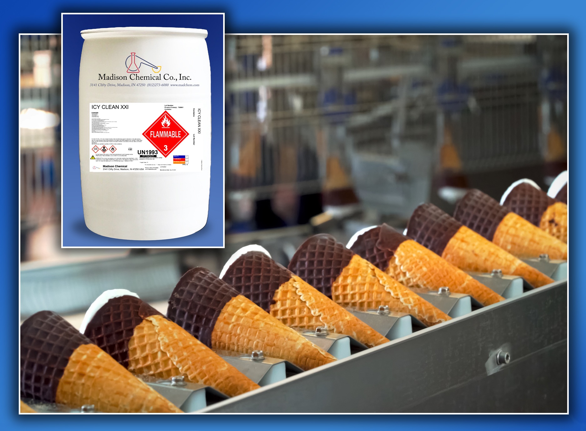 Madison Chemical Co. ICY CLEAN XX industrial cleaning product drum with hazard label displayed above food production conveyor line with waffle cones