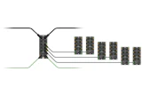 Network distribution system diagram with central hub connecting to six modular units via branching cables