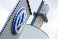 The VW logo in front of the Volkswagen plant in Osnabrueck, Germany, Wednesday, Aug. 26, 2026.