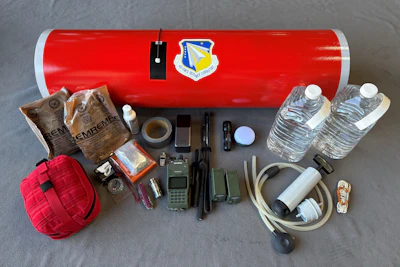 Military emergency survival kit with red container, USAF emblem, water bottles, rations, radio, and tactical gear