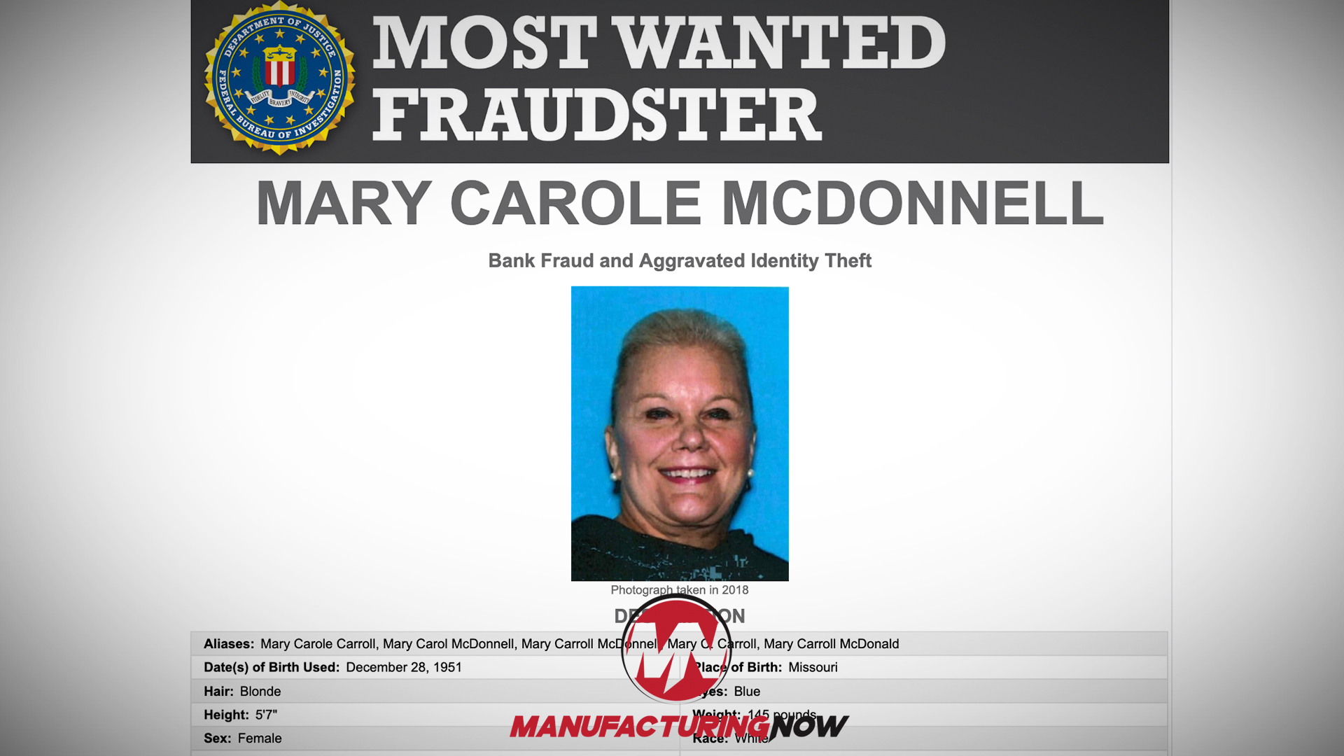 FBI Most Wanted Fraudster poster for Mary Carole McDonnell, charged with bank fraud and identity theft