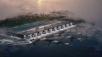 Architectural rendering of a modern waterfront facility with numbered bays overlooking misty landscape and water