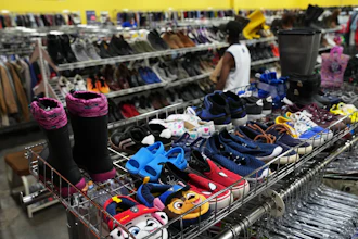 The children's shoe section is seen at a Goodwill store in Roseville, Minn., Aug. 12, 2026.