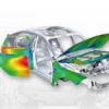 Thermal imaging visualization of car showing heat distribution across body panels and engine components with open doors and hood
