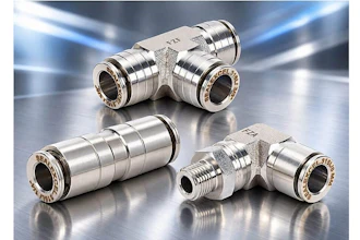 Stainless steel pneumatic push-to-connect fittings and tube connectors with brass accents on reflective surface