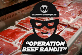 Manufacturing Now branded meme featuring a cartoon character with sunglasses and 'Operation Beef Bandit' text overlaid on packaged red meat display