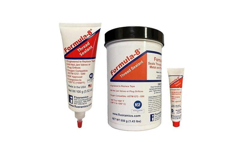 Fluoramics Formula 8 thread sealant products in three sizes: tube, jar, and small applicator tube