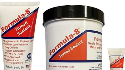 Fluoramics Formula 8 thread sealant products in three sizes: tube, jar, and small applicator tube