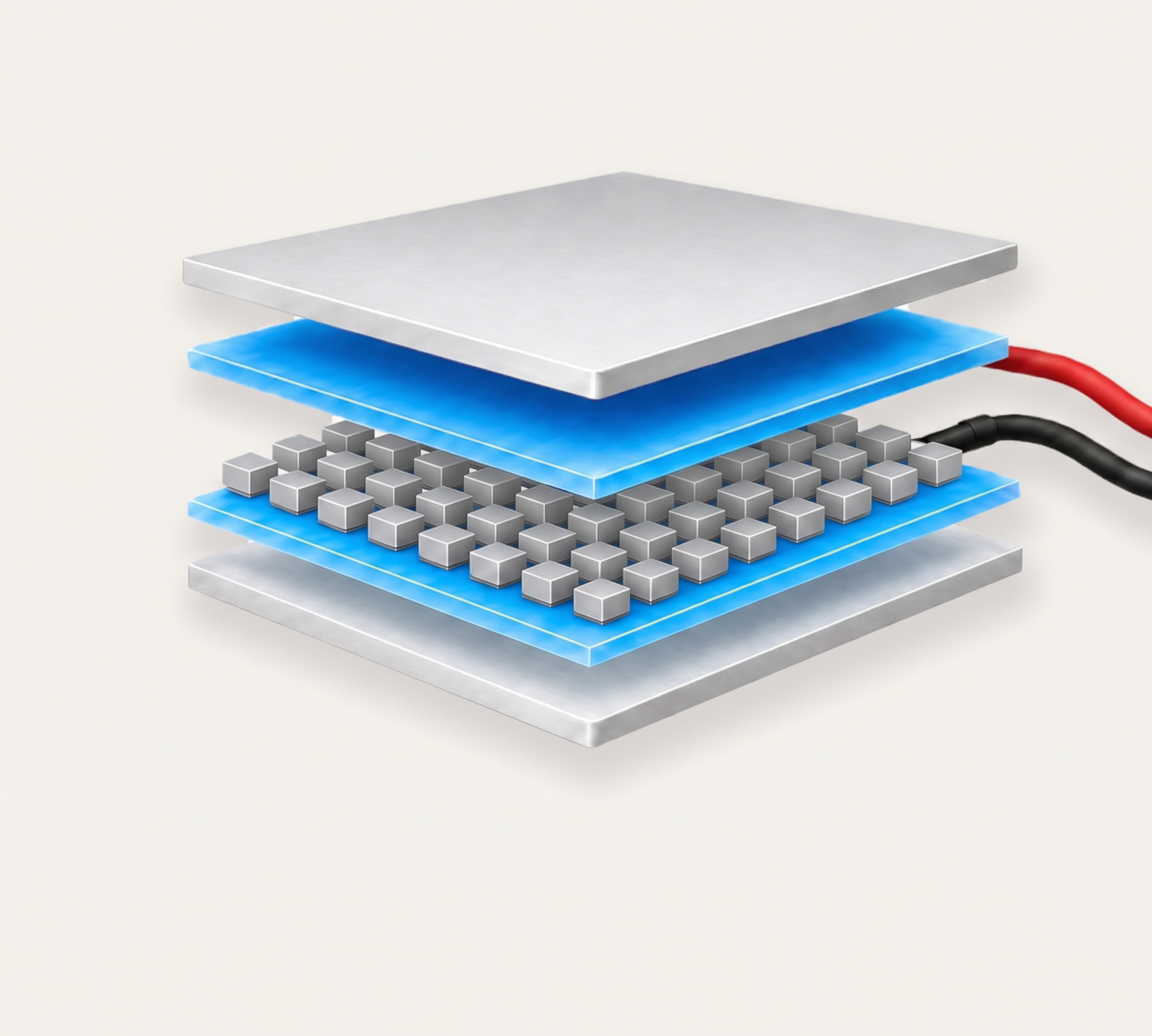 Exploded view diagram of mechanical keyboard switch layers showing white top cap, blue housing, gray switch stem, and electrical connectors
