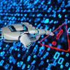 Robotic hand pointing at red warning triangle symbol against digital blue code background