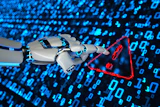 Robotic hand pointing at red warning triangle symbol against digital blue code background