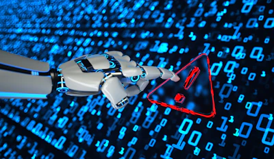 Robotic hand pointing at red warning triangle symbol against digital blue code background