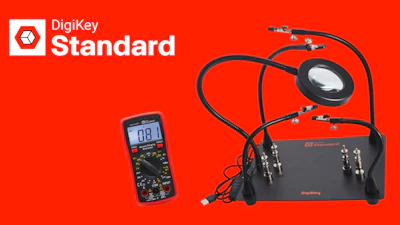 DigiKey Standard electronic testing equipment including digital multimeter and circuit board analyzer on red background