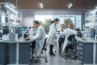 Scientists and technicians working in a modern laboratory with microscopes and analytical equipment