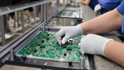 Electronics factory workers assembling and inspecting green circuit boards on an industrial production line