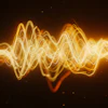 Golden glowing waveform visualization with oscillating sound waves on dark background