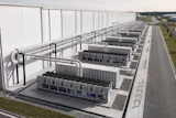 Industrial facility with rows of large rectangular structures under white roof framework and connecting piping systems
