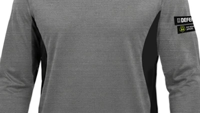 Men's gray long-sleeve shirt with black side panels and DIESEL brand patch on sleeve