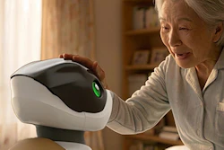 Elderly woman holding white and black robotic device with green indicator light in home setting