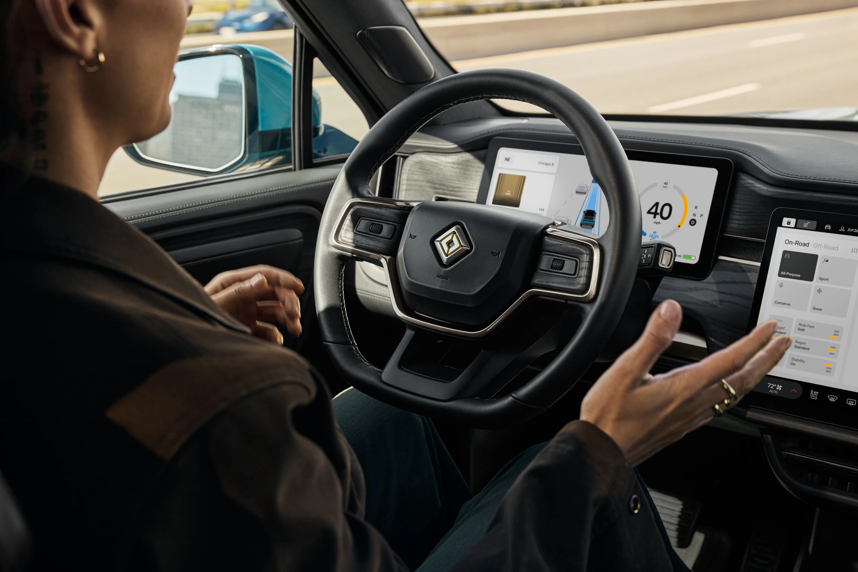 Driver with hands on steering wheel inside modern autonomous vehicle with digital dashboard display