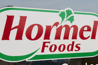Hormel Foods storefront sign with red text and green decorative border featuring parsley leaf icon