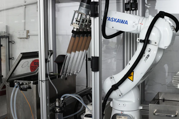 ASKAWA industrial robotic arm with tool changer mounted in manufacturing enclosure