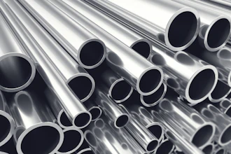 Stacked polished metal tubes and pipes arranged diagonally showing circular openings and reflective surfaces