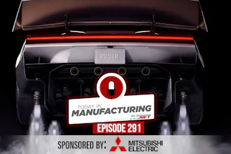 Today in Manufacturing Episode 291 sponsored by Mitsubishi Electric, featuring a high-performance vehicle with exhaust flames
