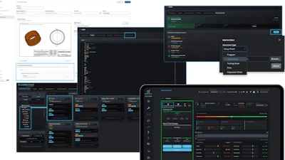 Software development and audio production interface screenshots showing code editor, DAW, and design tool dashboards with dark theme UI